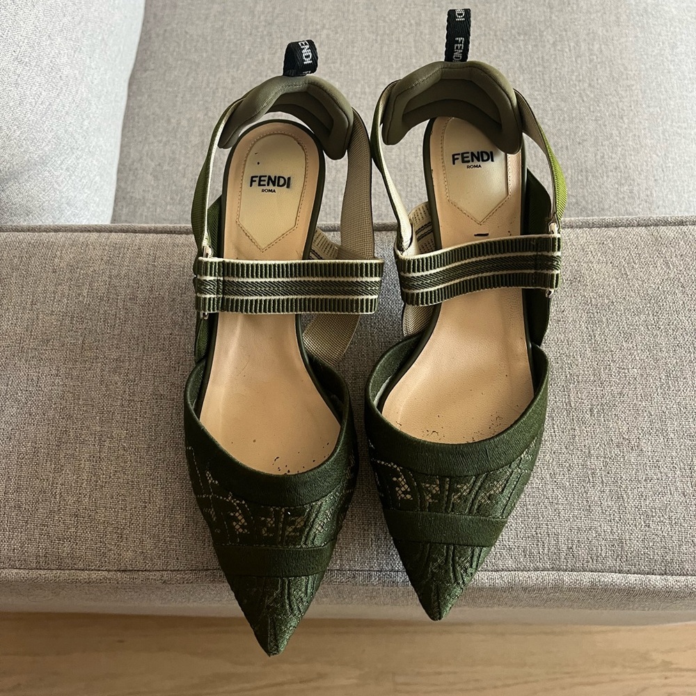 Green Fendi pointed toe sling back kitten heels